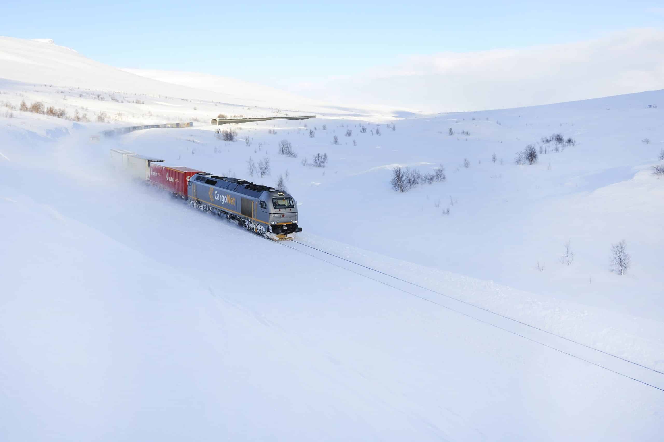 Godstog Cargonet på Saltfjellet i snø