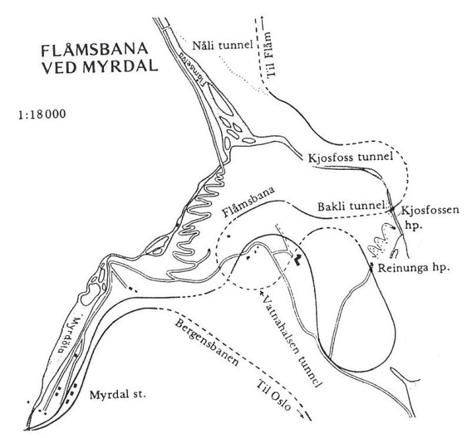 Skisse Flåmsbana linjeføring ved Myrdal