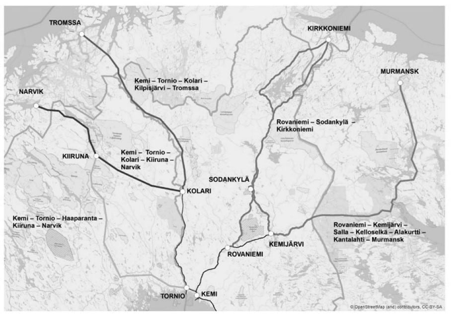 Kart fire jernbanelinjer i Finland