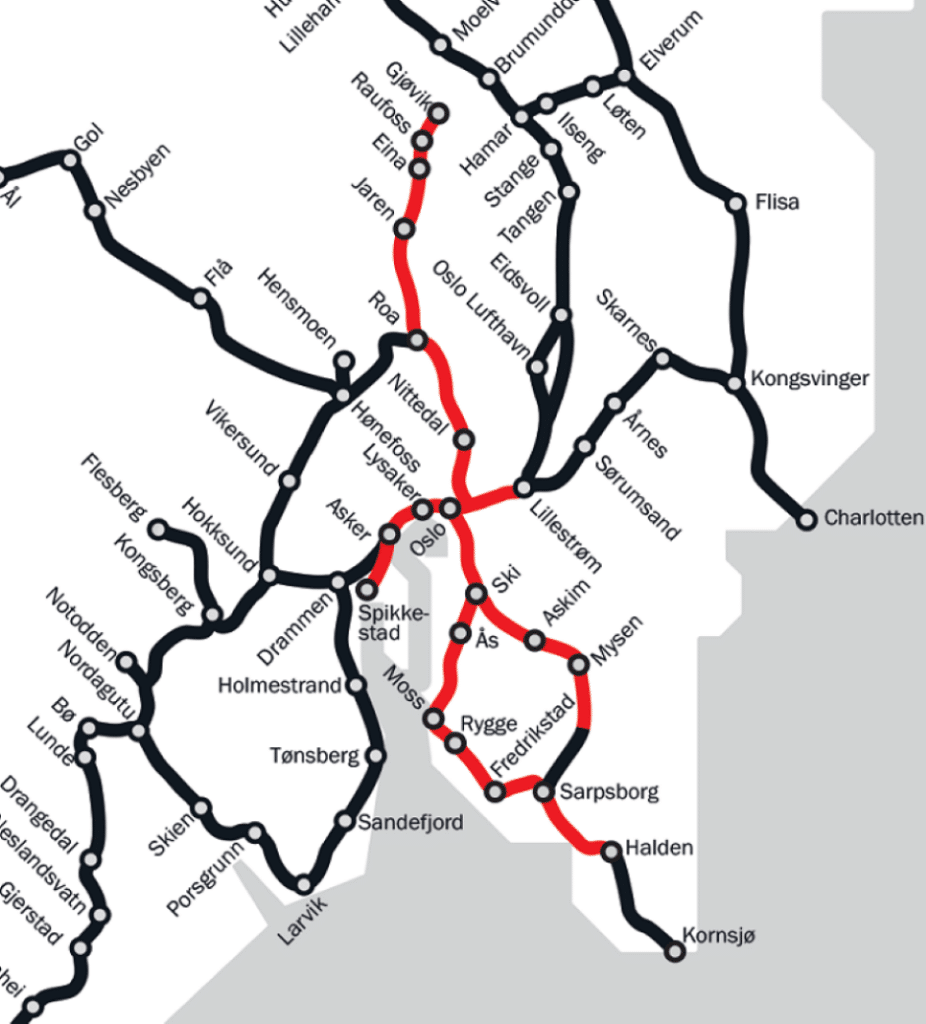 kart over strekninger østlandet 1