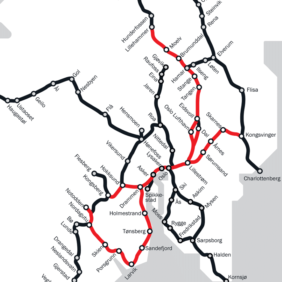 Kart over strekninger trafikkpakke Østlandet 2