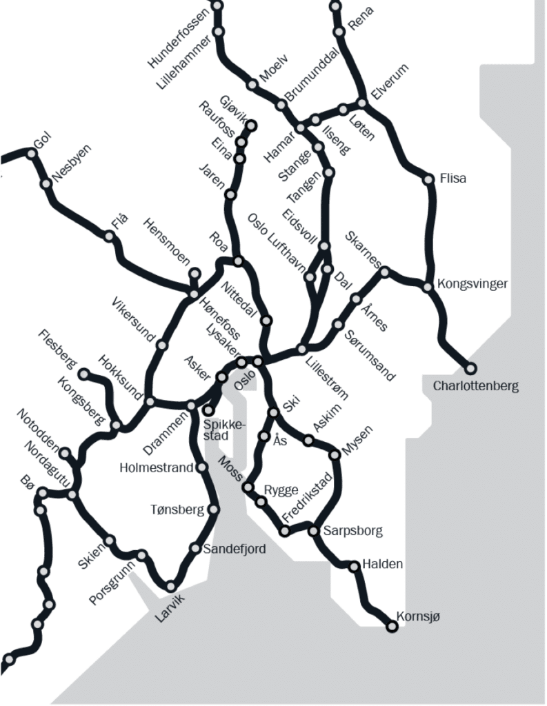 Kart over togstrekninger på Østlandet