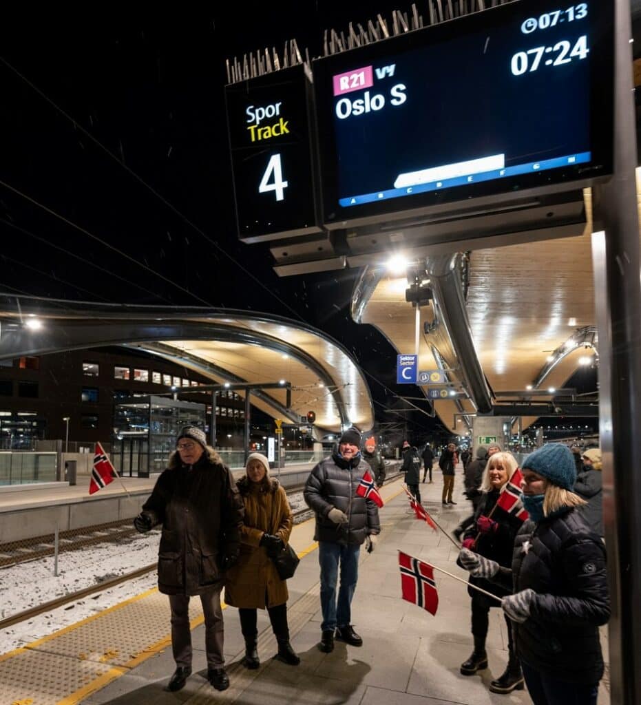 Første passasjerer på Follobanen på Ski stasjon