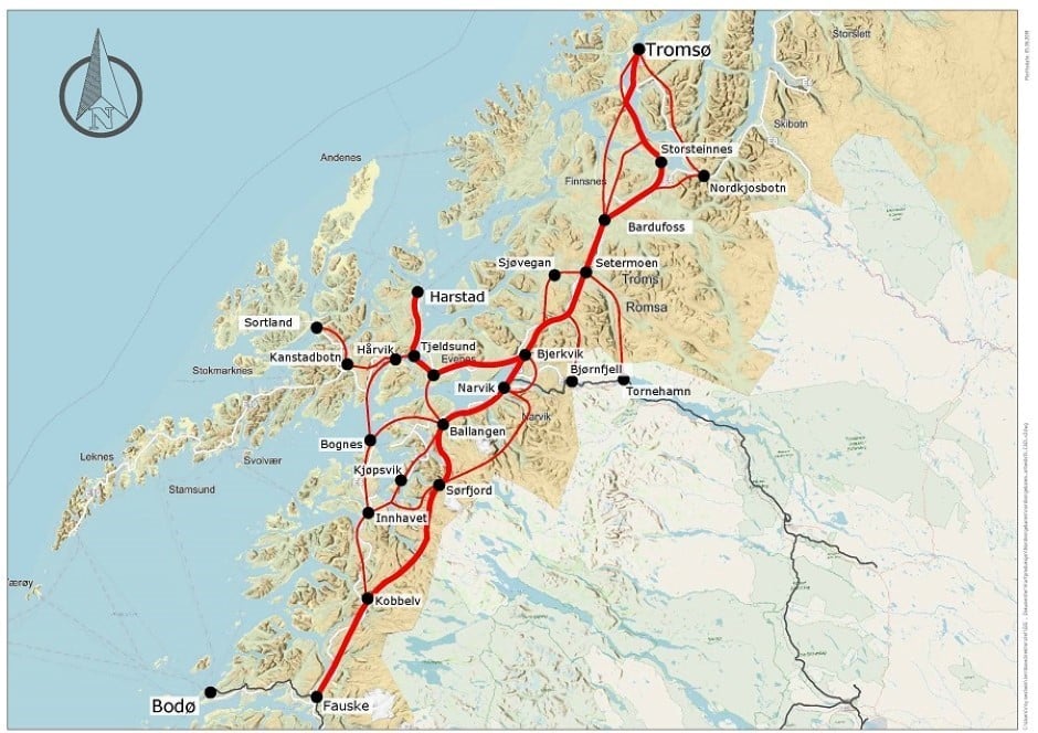 Kart over tidligere traseer mellom Bodø og Tromsø