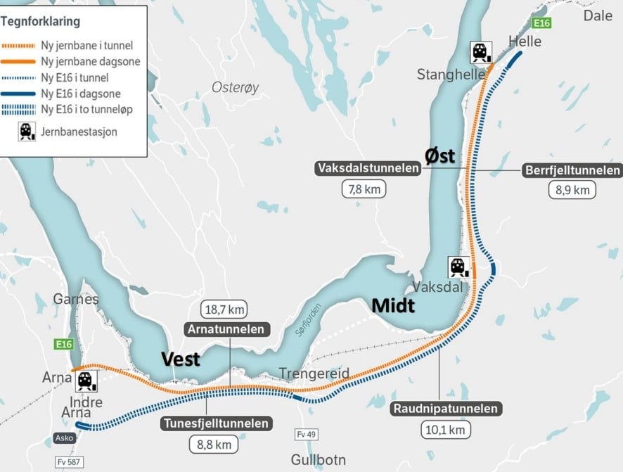 Kart som viser prosjektet Arna-Stanghelle. 30 kilometer lang strekning med ny bane og veg betyr hele 80 kilometer med tunneler. (Illustrasjon: Fellesprosjektet)