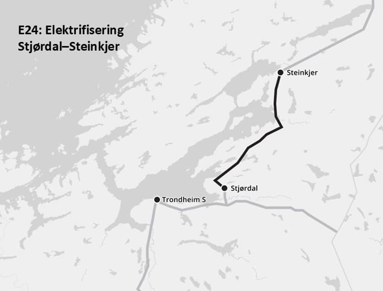 Kart som viser hvor planlagt elektrifisering mellom Stjørdal-Steinkjer skal foregå