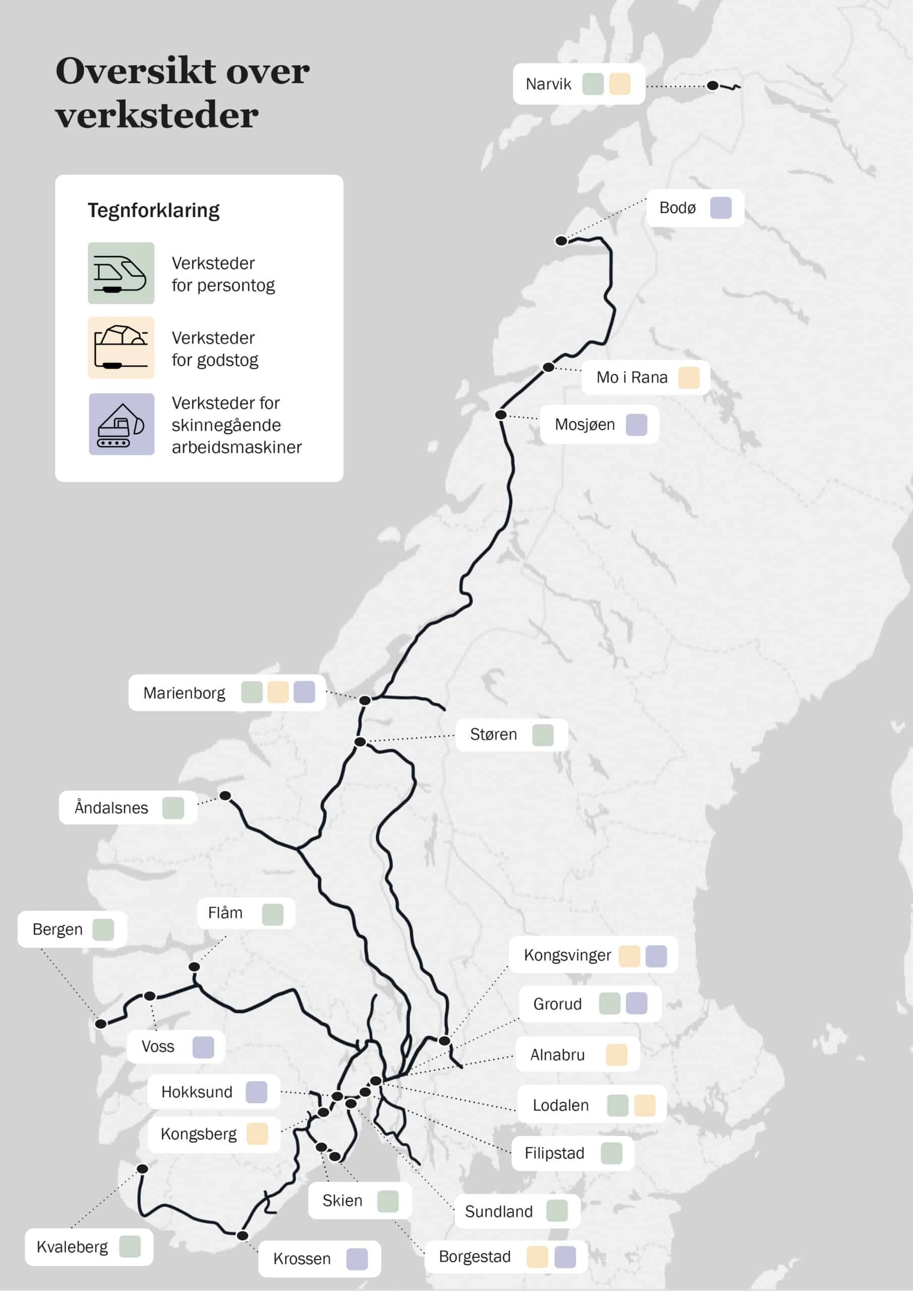 Kart over verksteder i Norge