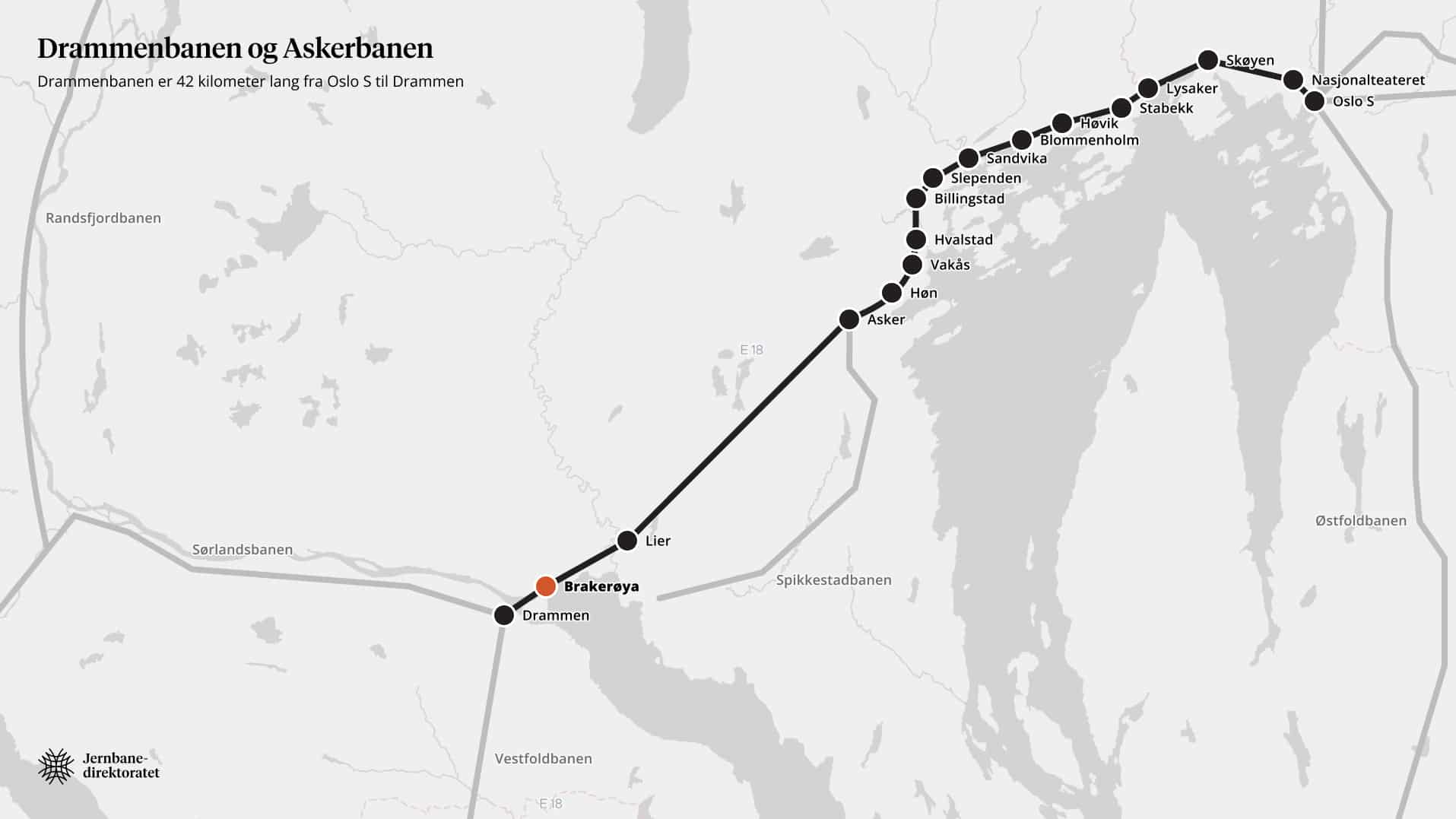Kart med stasjonene på Drammen- og Askerbanen