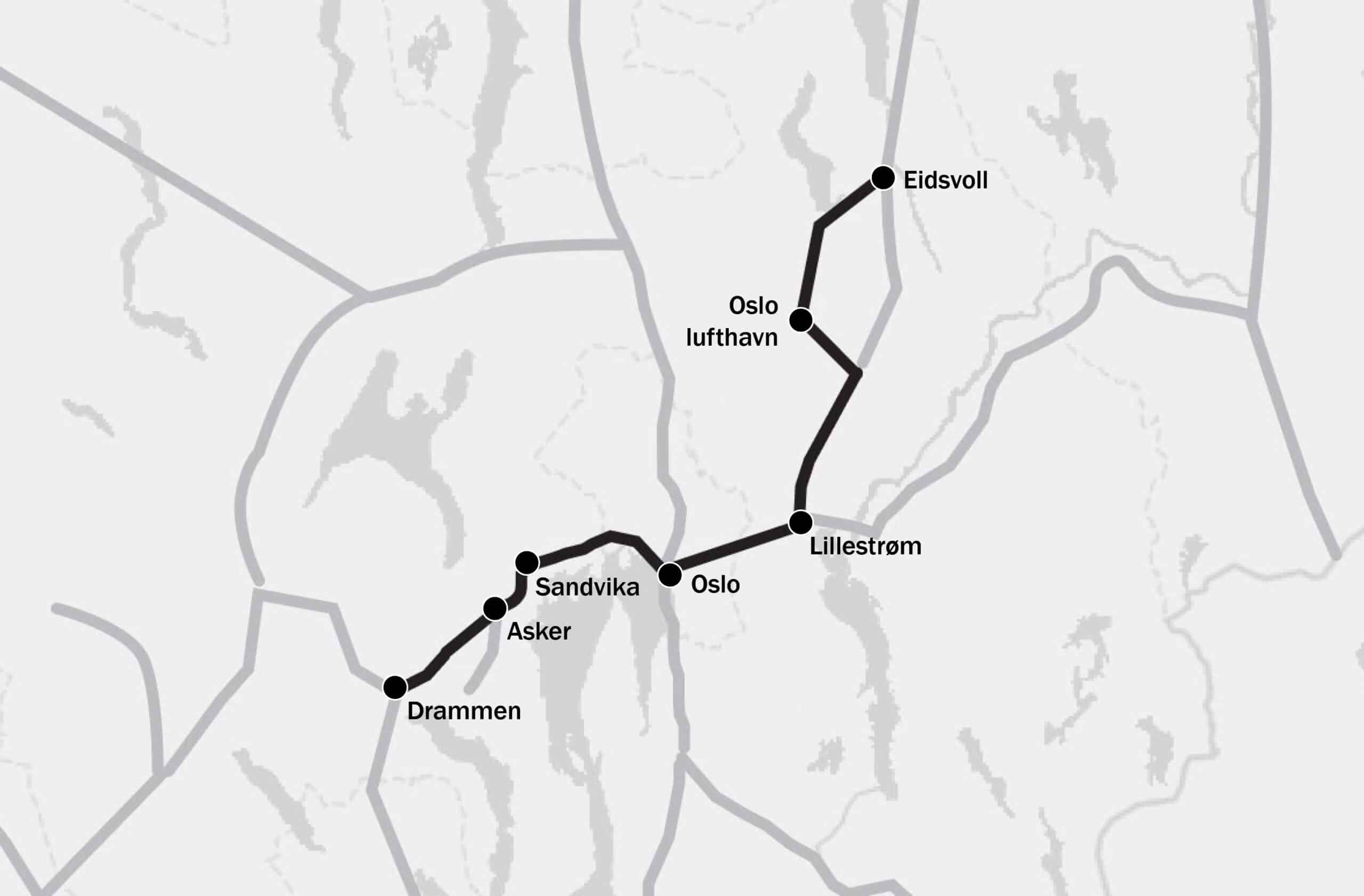 Kart som vise togstrekning mellom Drammen og Eidsvoll