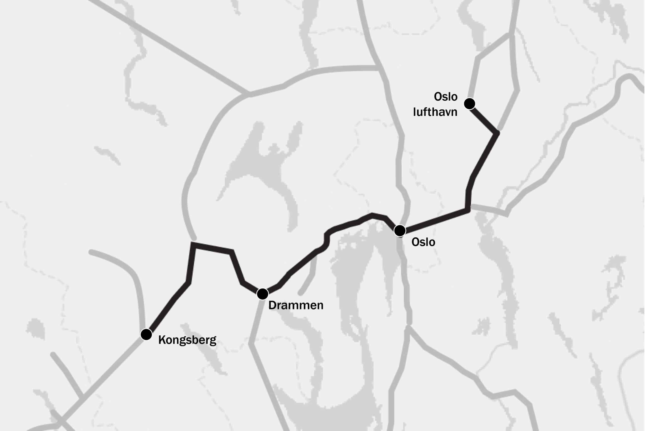 Kart som viser togstrekning mellom Kongsberg og Oslo lufthavn