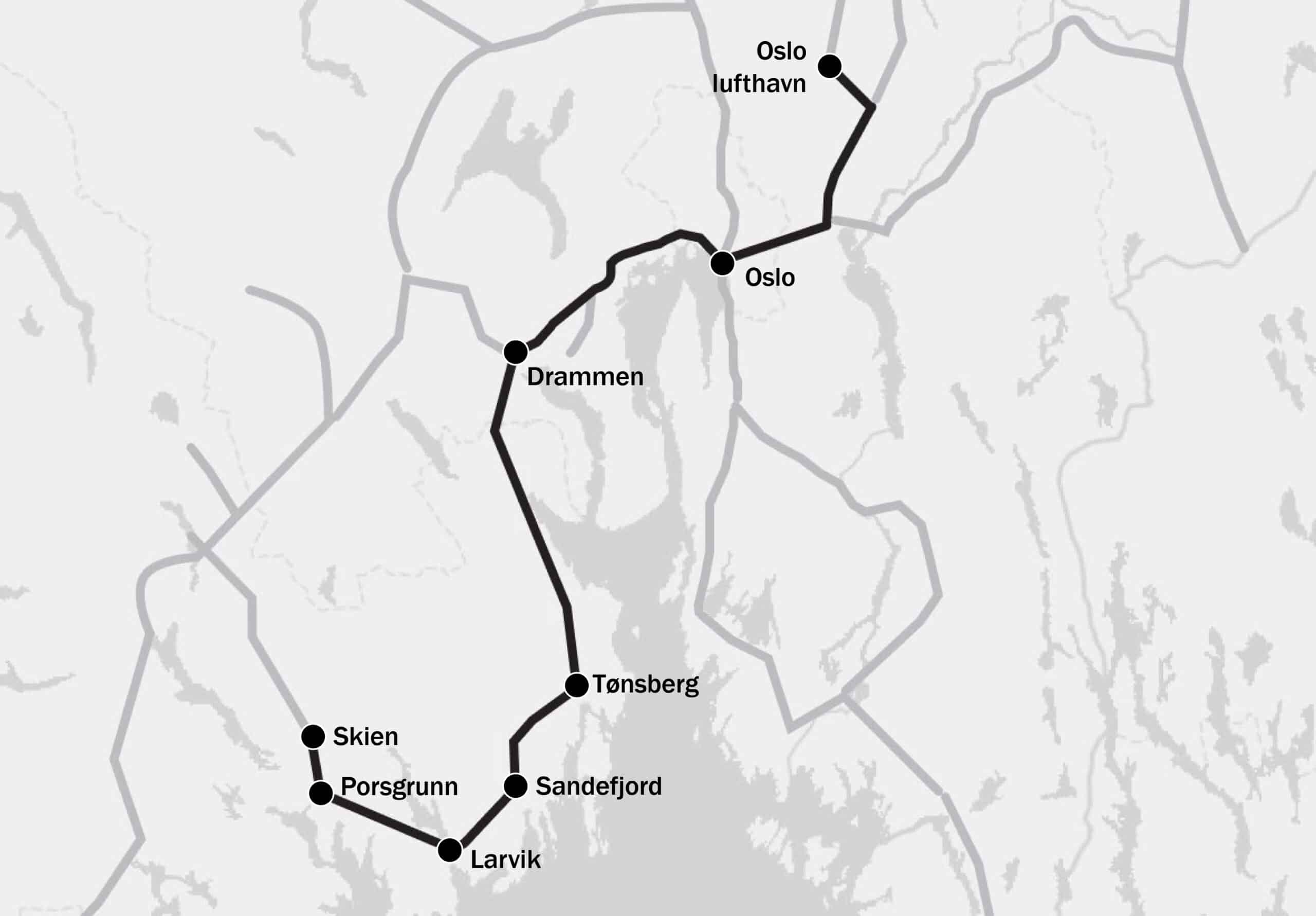 Kart som viser togstrekning mellom Skien og Oslo lufthavn
