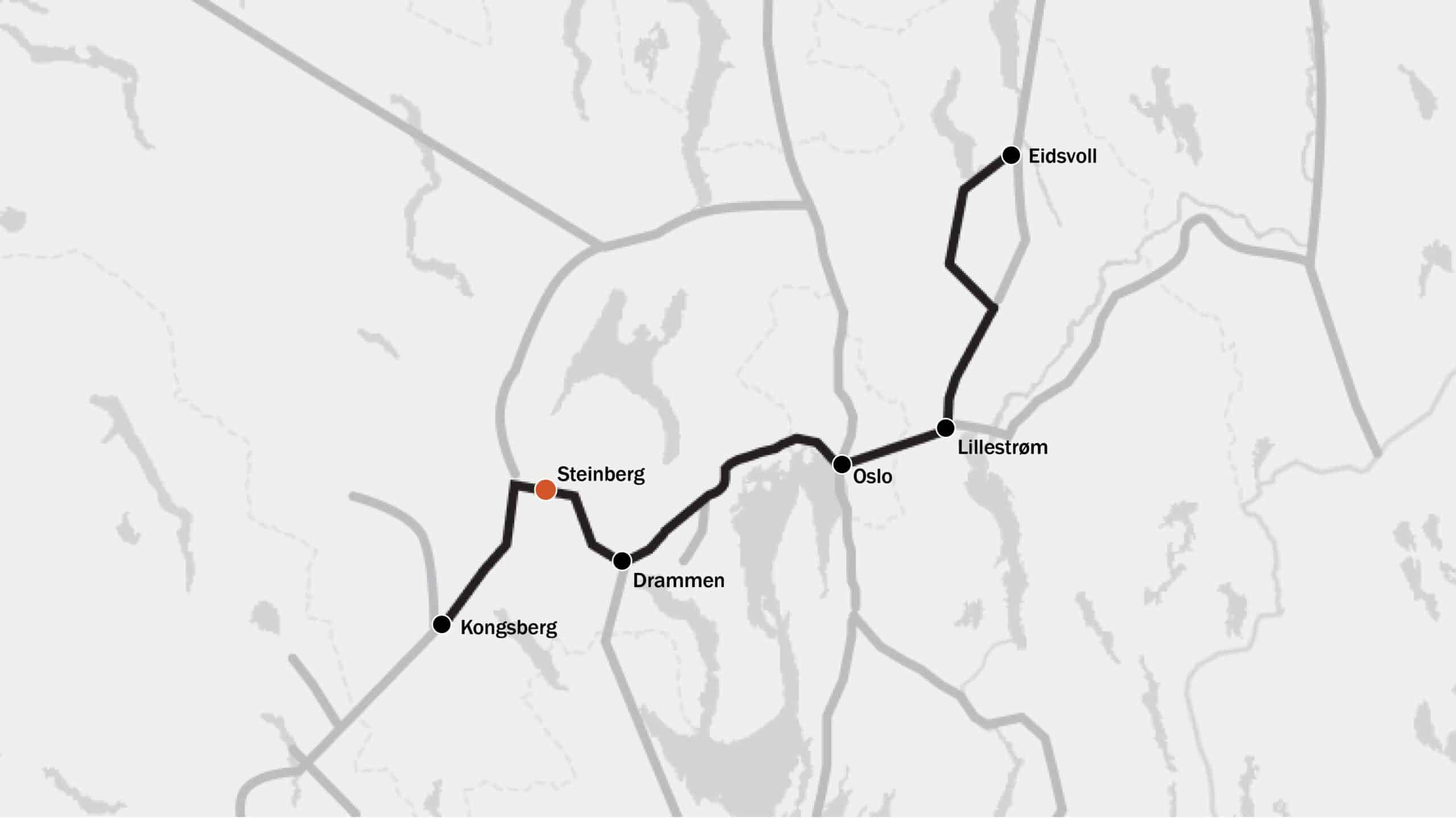 Kart over linjen R12 med stasjoner