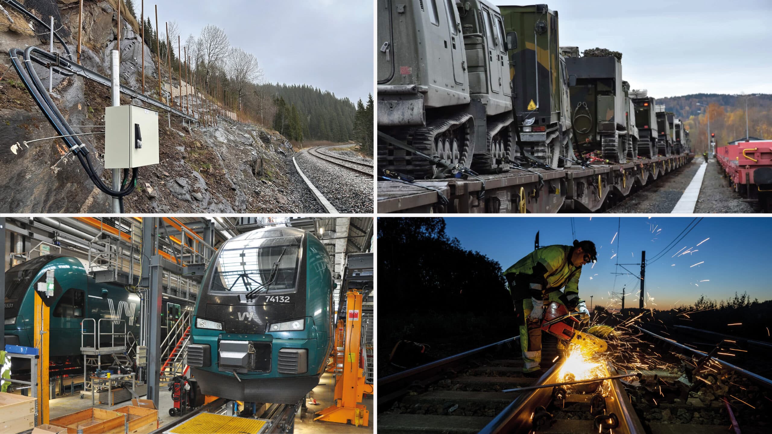 Bilder som viser beredskapsarbeid på jernbanen: vedlikehold, verksteder og forsvarsmateriell
